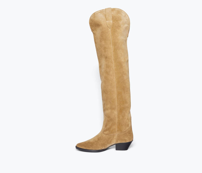 Freda Salvador Molly Western knee-high boot in hazel leather, showing the inside view with detailed stitching and smooth finish.