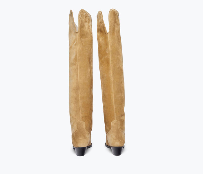 Back view of FREDA SALVADOR Molly Western knee-high boot in hazel leather with stacked heel and pointed toe.