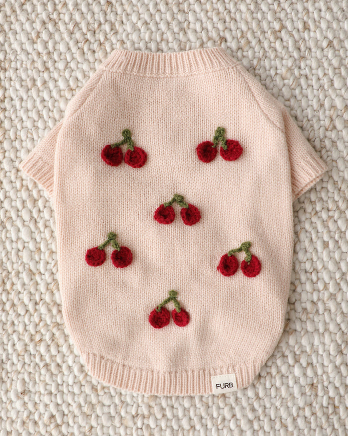cherry embroidered dog sweater blush knit dog sweater with cute cherry appliqué detail cozy pet apparel