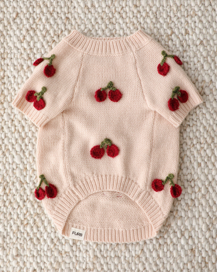 blush cherry dog sweater soft knit pet clothing with embroidered fruit accents stylish everyday sweater