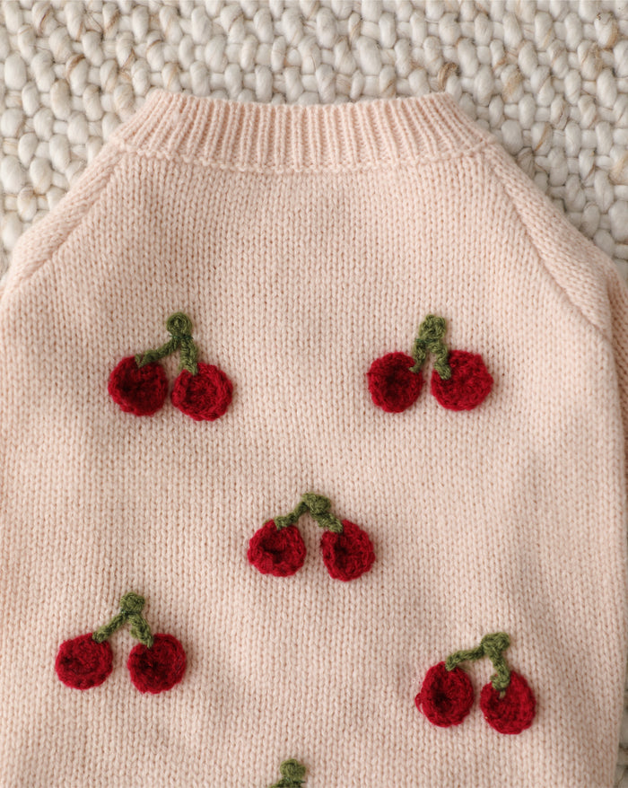 blush cherry sweater for dogs lightweight knit apparel with playful cherry embroidery detail