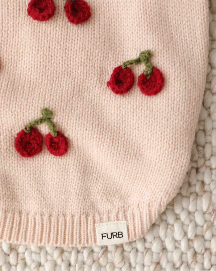 cherry dog sweater lifestyle view cozy blush knit sweater with fruit themed design for dogs