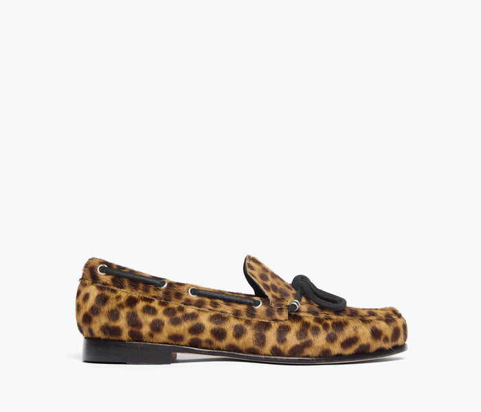 Freda Salvador Morgan boat shoe loafer in leopard print leather, featuring classic stitching and slip-on design.