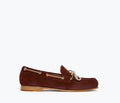 Freda Salvador Morgan boat shoe loafer in Bordeaux suede, front view showcasing classic design and stitching details.