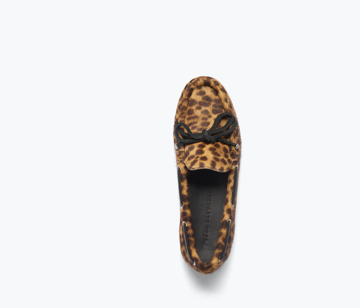 Freda Salvador Morgan boat shoe loafer with leopard print top, featuring classic slip-on design and stylish leather accents.