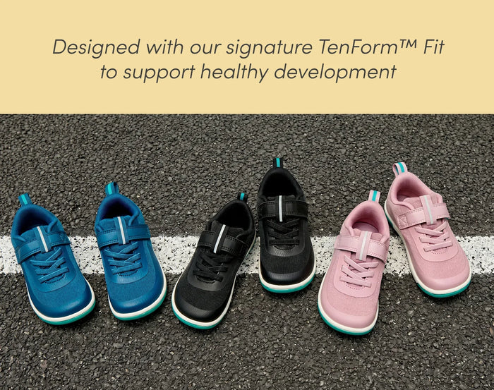 Top view group shot of Ten Little MotionX Sneakers designed with our signature TenForm™ Fit to support healthy development - Cosmic Blue, Space Black, Stardust Pink. Available at www.tenlittle.com