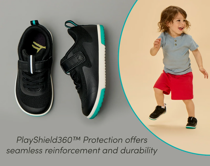 Split view of child wearing and top and side of Ten Little MotionX Sneakers with PlayShield360™ Protection for seamless reinforcement and durability - Space Black. Available at www.tenlittle.com