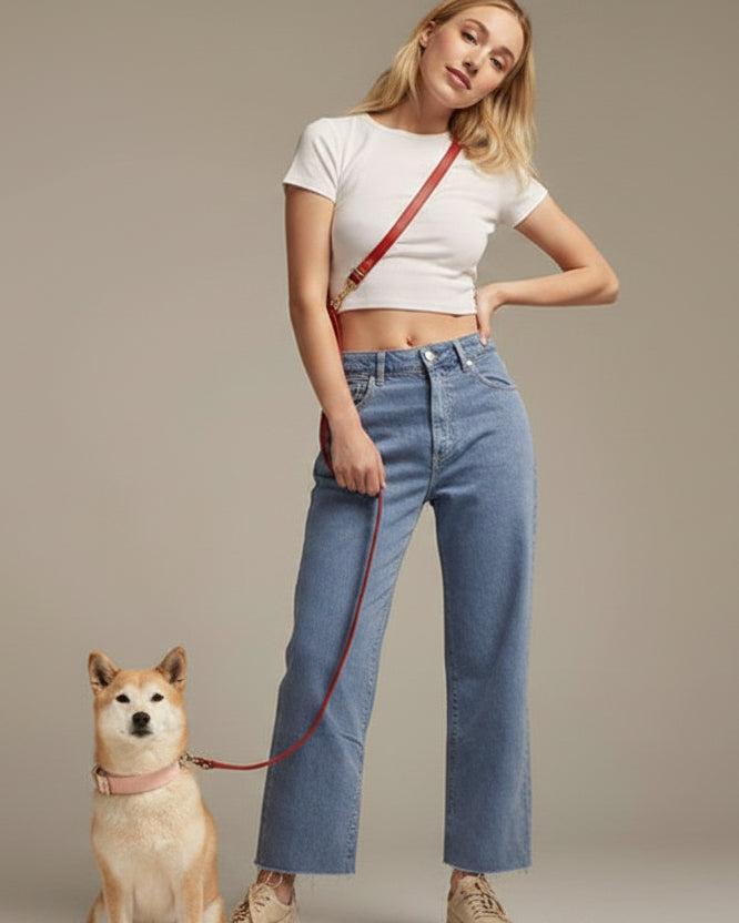 Multi position red leather dog leash with versatile hands free styling . Updated May 2026.