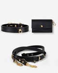 Nara black leather multi-position dog collar and leash set, adjustable for multiple leash configurations for small dogs