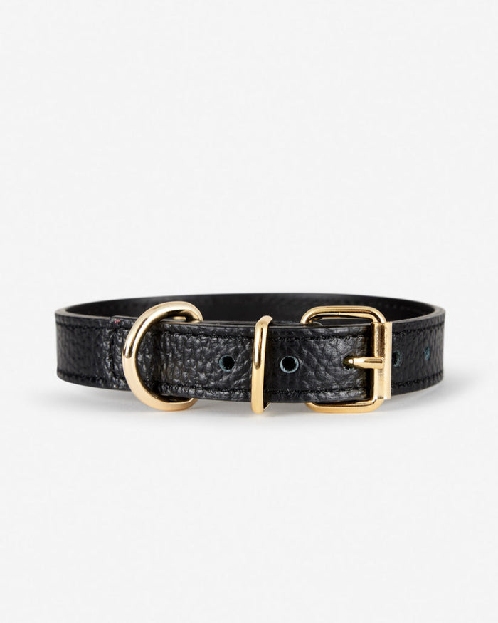 Back view of Nara black leather dog collar, adjustable and durable