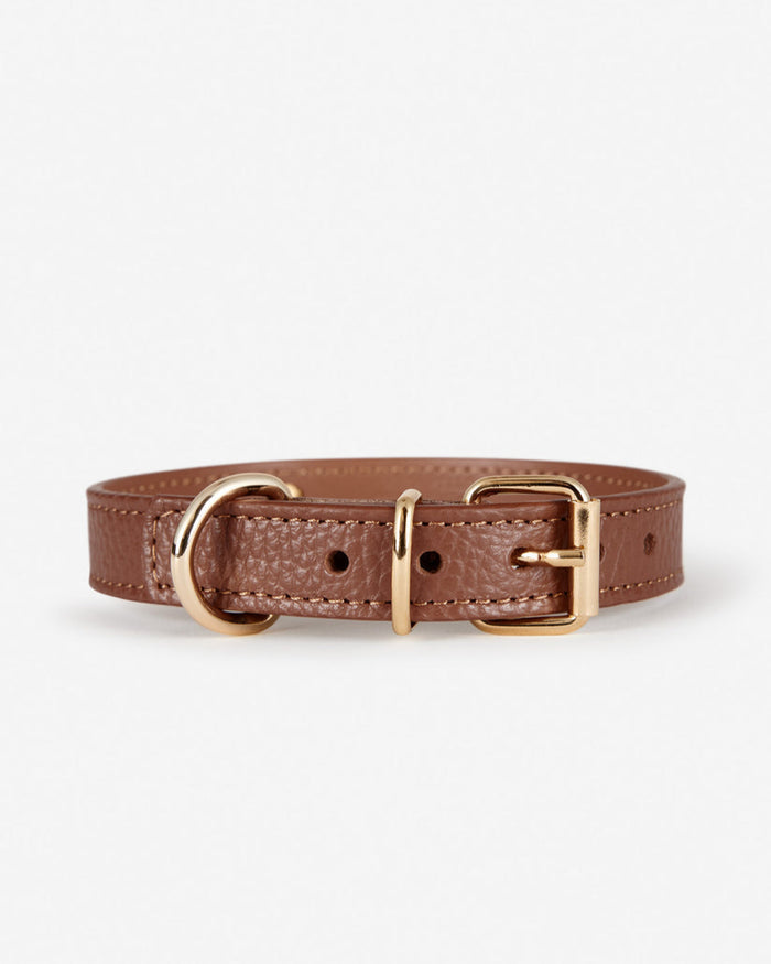 Back view of Nara chocolate brown leather dog collar, durable and adjustable