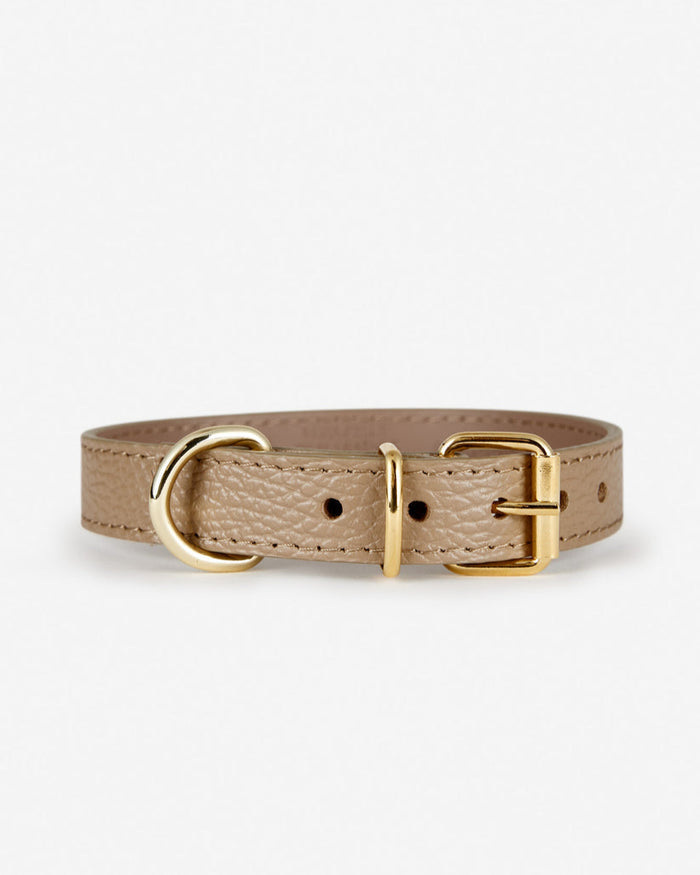 Back view of Nara taupe leather dog collar, adjustable and modern design