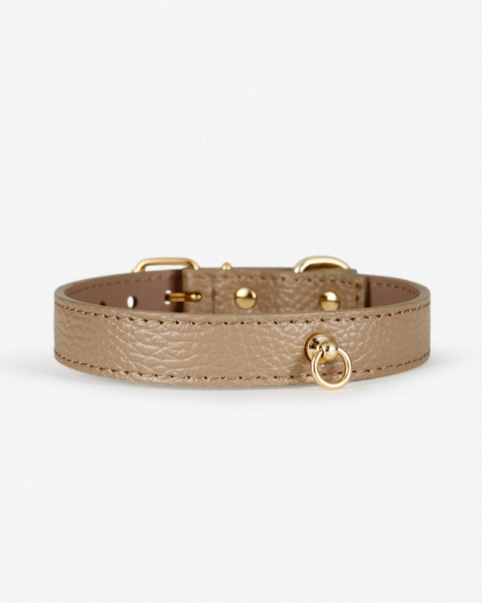 Front view of Nara taupe leather dog collar, premium leather and sleek style
