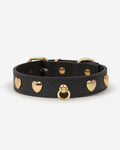 front view black leather dog collar with heart studs, premium pet accessory