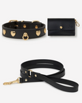 black leather dog walk kit with heart studded collar leash and bag holder, premium accessory set