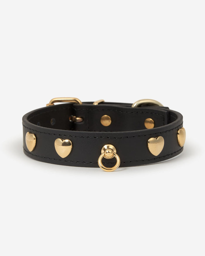 front view black leather dog collar with heart studs, premium pet accessory