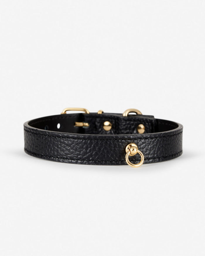Front view of Nara black leather dog collar, sleek design with premium leather