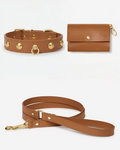 camel leather dog walk kit with studded collar leash and bag holder, premium italian accessory set