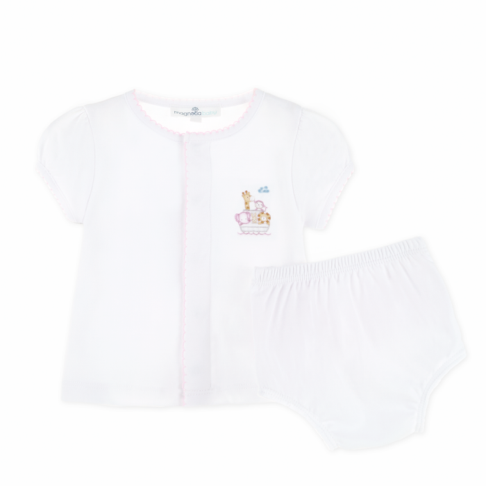 Noah's Ark Hand-Embroidered Ruffle Diaper Cover Set - Pink