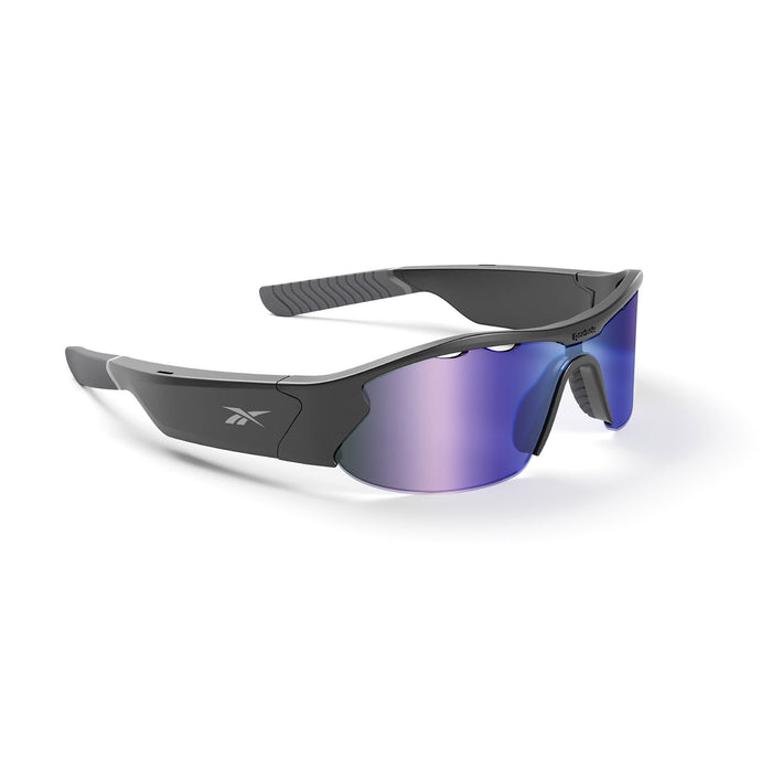 The Reebok Octane sports sunglasses feature mirrored blue polarized lenses, a sleek black frame, textured grips on the arms, and a subtle side logo for a streamlined look.