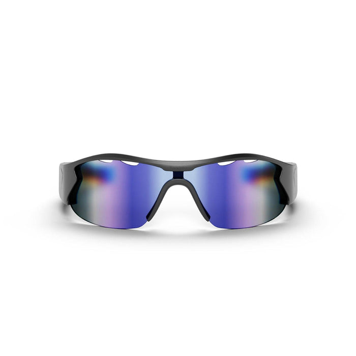 The Reebok Octane sunglasses feature a sporty black frame with large, curved, mirrored polarized lenses in a blue and purple gradient, displayed on a white background.
