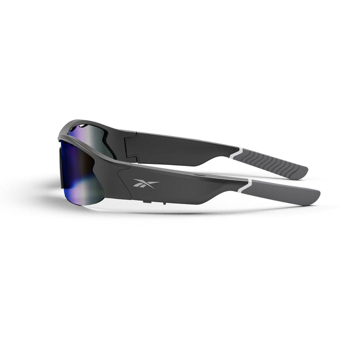 Side view of Reebok Octane black and gray Bluetooth sport sunglasses featuring tinted, reflective lenses and the Reebok logo on the side, shown against a white background.