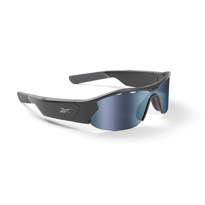 The Reebok Octane is a pair of black Bluetooth sport sunglasses with wraparound blue-tinted lenses and textured arms, shown on a white background.