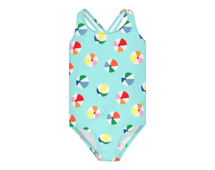 Front view of Primary One-Piece Swimsuit - Mist Beach Balls. Available at www.tenlittle.com