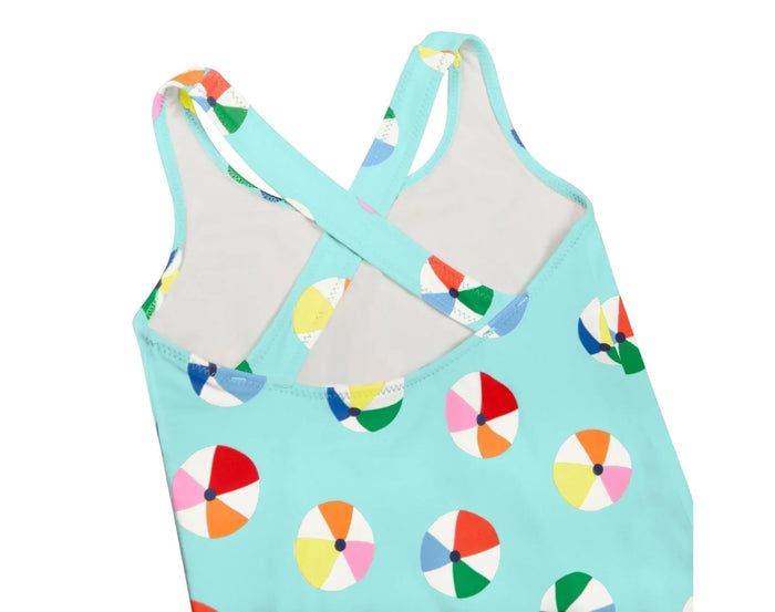 Crossback straps of Primary One-Piece Swimsuit - Mist Beach Balls. Available at www.tenlittle.com