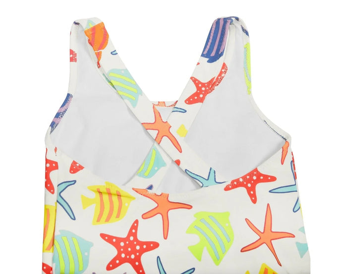 Crossback straps of Primary One-Piece Swimsuit - White Under the Sea. Available at www.tenlittle.com