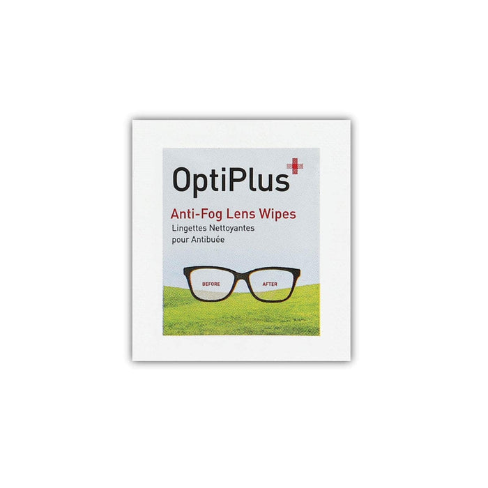 A 10-pack of Lucyd OptiPlus Anti-fog Lens Wipes, shown with eyeglasses and before/after labels, plus English and French text on a white background—perfect for anti-fog protection.