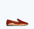 Freda Salvador paisley smoking slip-on flat with amber and beige paisley pattern, front view showing stylish and comfortable footwear.