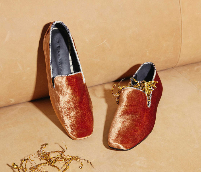 Freda Salvador paisley smoking slipper flat in amber with intricate paisley pattern and elegant slip-on design.