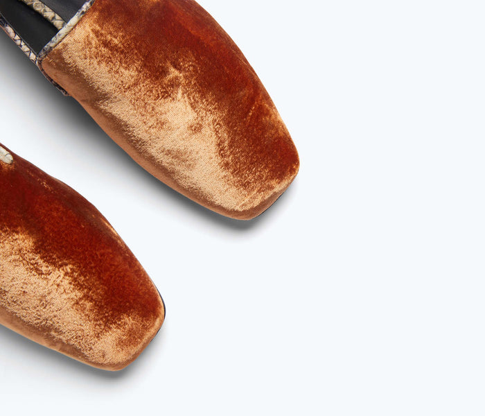 Freda Salvador paisley smoking slipper flat with amber paisley pattern and elegant slip-on design.