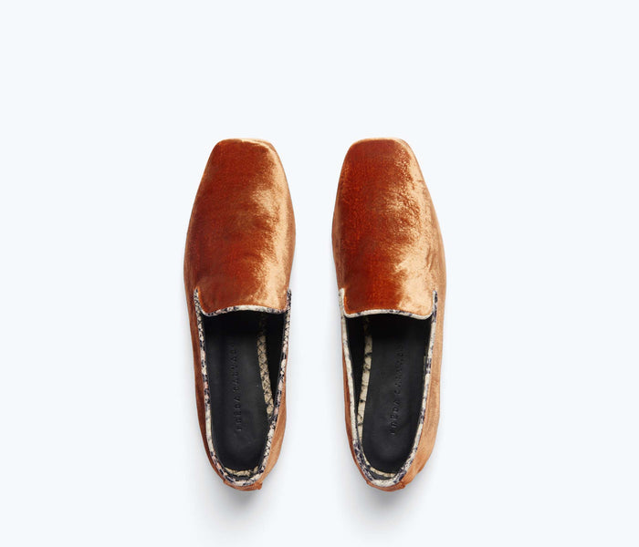 Freda Salvador paisley smoking flat slipper with amber top, featuring a stylish paisley pattern and comfortable slip-on design.