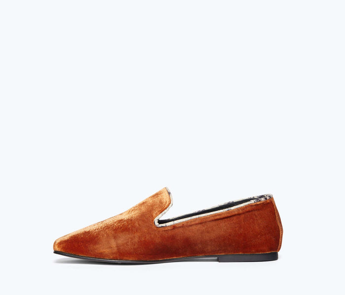 Freda Salvador paisley smoking slipper flat with amber interior, showcasing stylish slip-on footwear design.