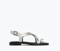 Freda Salvador Paxton sandal in silver calf leather, front view showcasing sleek design and stylish ankle strap.
