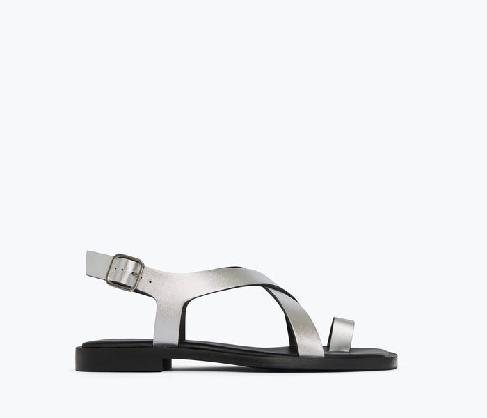 Freda Salvador Paxton sandal in silver calf leather, front view showcasing sleek design and stylish ankle strap.
