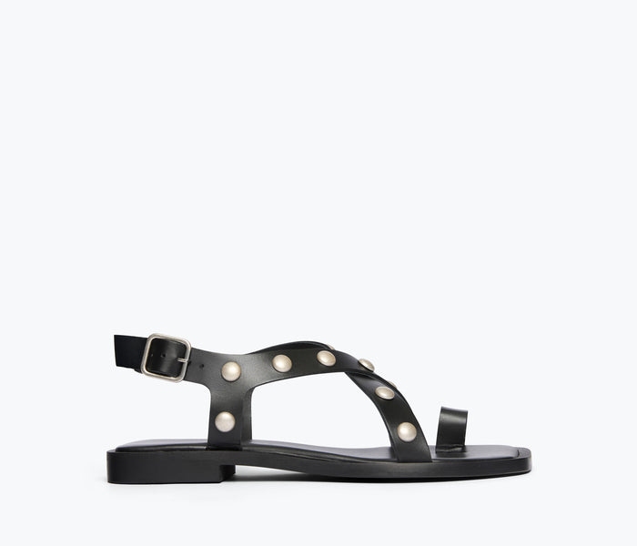 Freda Salvador Paxton Sandal in black with silver studs, front view showing stylish design and open toe construction.