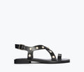 Freda Salvador Paxton Sandal in black with silver studs, front view showing stylish design and open toe construction.
