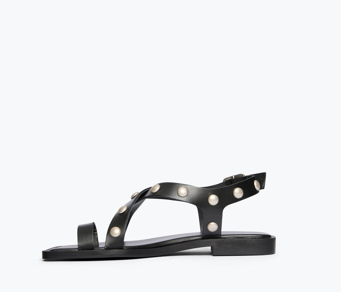 FREDA SALVADOR PAXTON black sandal with silver studs, showing the inside view of the stylish open-toe design.