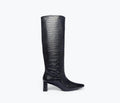 Freda Salvador Phoenix Croc Combo tall boot in black and brown leather, front view showing textured crocodile pattern.