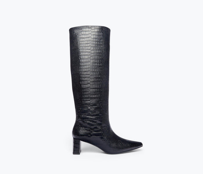 Freda Salvador Phoenix Croc Combo tall boot in black and brown leather, front view showing textured crocodile pattern.