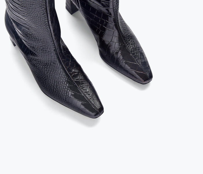 Freda Salvador Phoenix Croc Combo Tall Boot in black and brown leather with textured crocodile pattern, knee-high design.