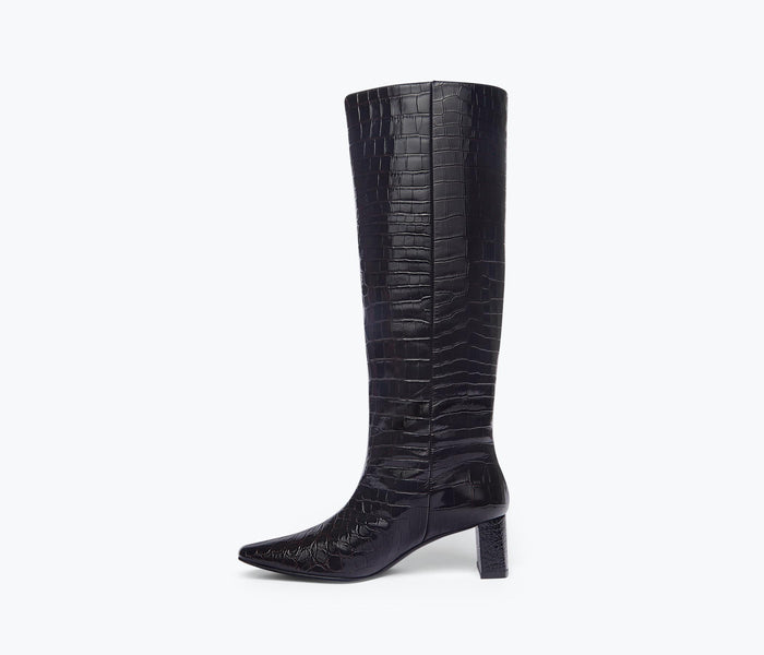 Freda Salvador Phoenix Croc Combo Tall Boot in black and brown with textured croc pattern, showcasing stylish design and interior details.