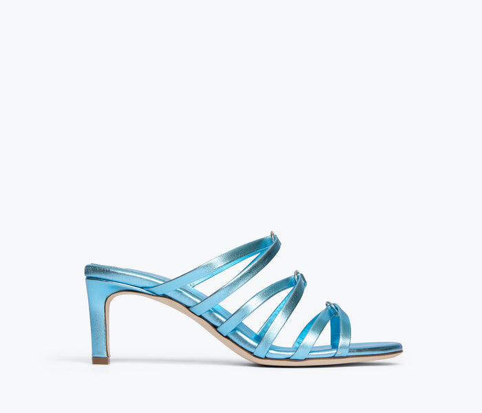 Blue metallic Pippa heel by Freda Salvador shown from the front, featuring a sleek pointed toe and elegant heel design.