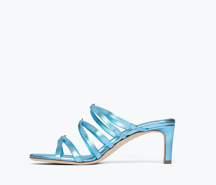 Blue metallic Pippa heel by Freda Salvador, stylish women's shoe with a pointed toe and sleek design inside view.
