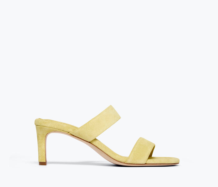 Freda Salvador Poppy double strap heel in citrus suede, front view showing stylish heel design and vibrant color.