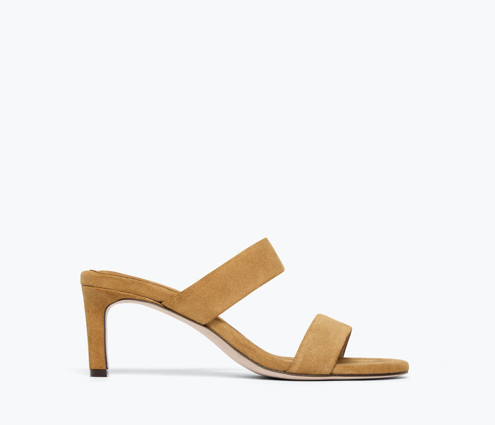 Freda Salvador Poppy double strap heel in rum suede, front view showing stylish design and sleek heel.