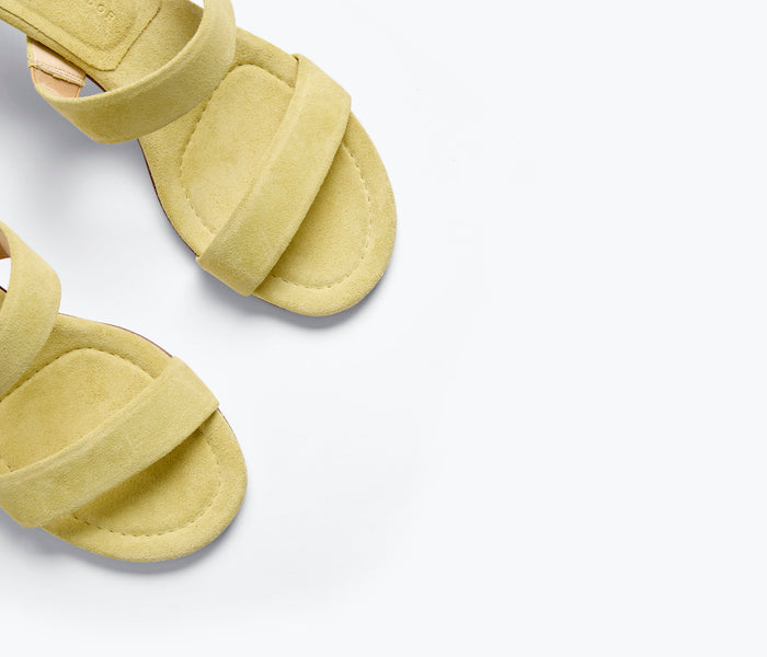 Freda Salvador Poppy double strap heel in vibrant citrus suede, featuring sleek design and stylish ankle straps.